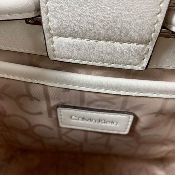 CALVIN KLEIN Taupe/Bone White CK Signature Logo Drawstring Bucket Shoulder Bag - Picture 14 of 14